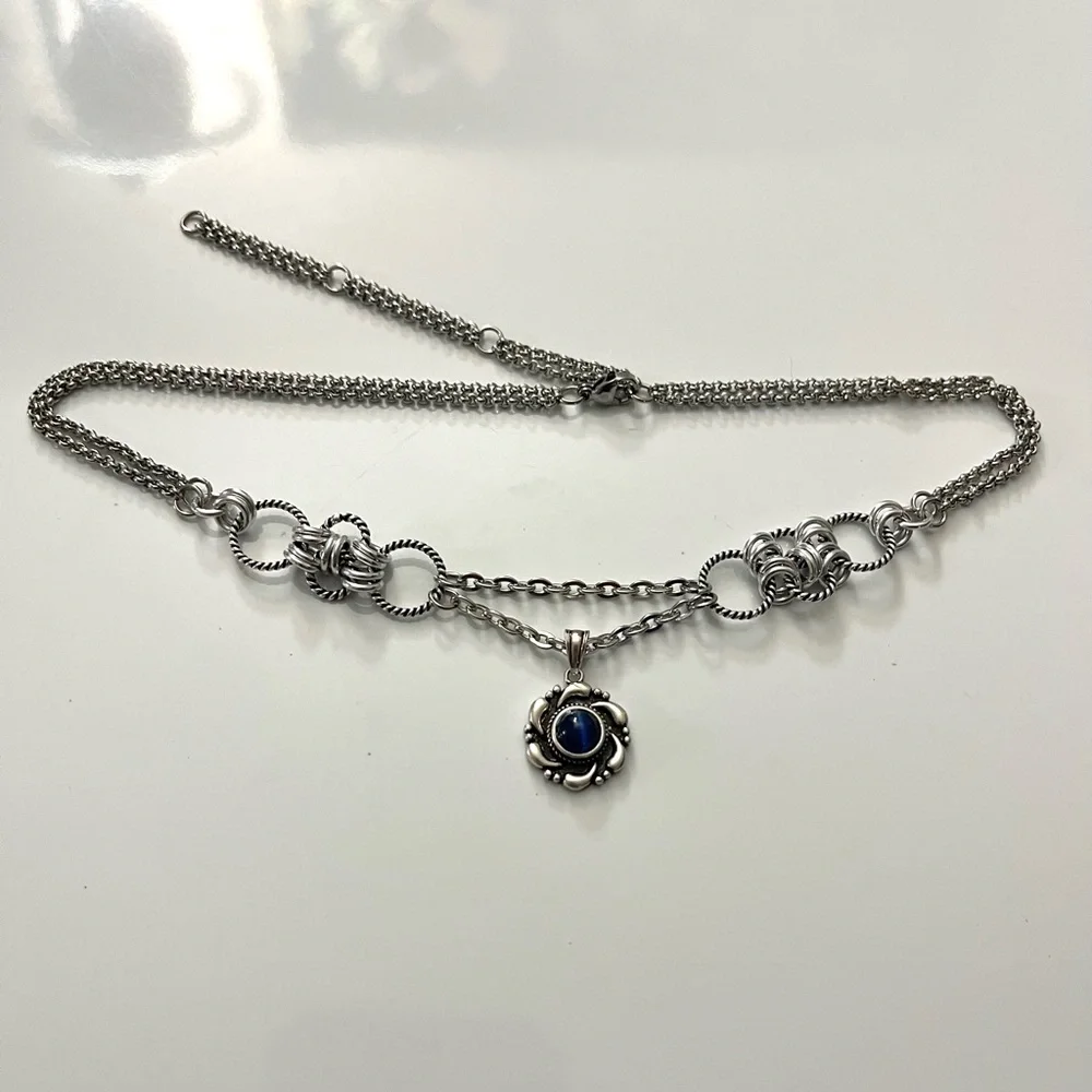 925 sterling silver blue kyanite stone charm on stainless steel maille choker - Picture 5 of 16